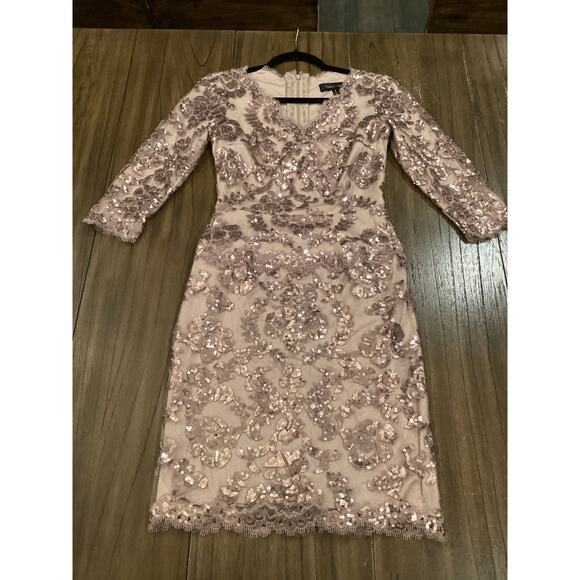Tadashi Shoji Lace 3/4 Sleeve V-Neck Paillette Sequin Embroidered midi Dress - Picture 11 of 12
